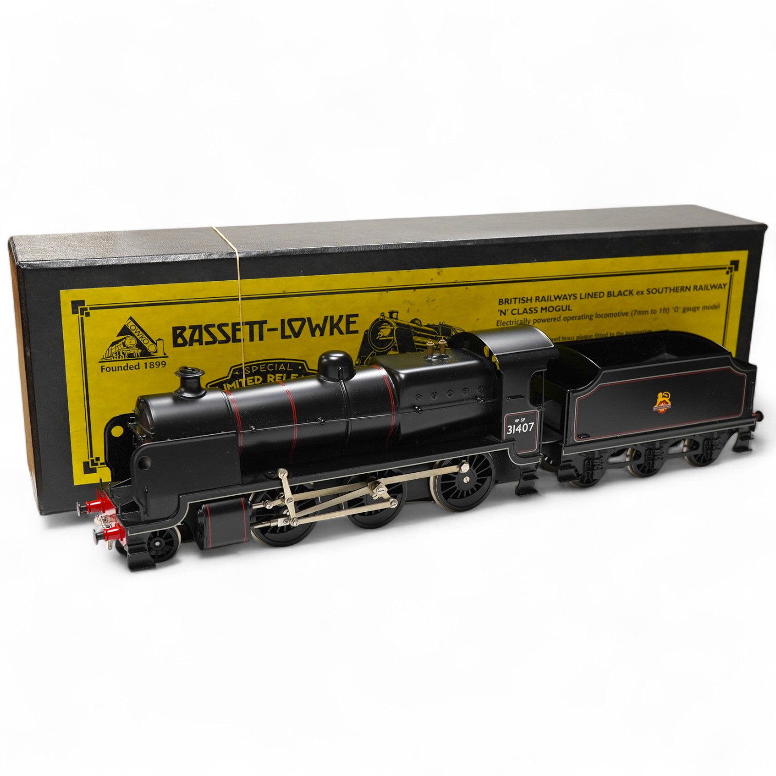 A boxed Bassett-Lowke by Corgi 0 gauge tinplate British Railways Maunsell N class 2-6-0 tender locomotive, 31407, in lined black livery, a special limited release, with option for two or three rail running, with instruct